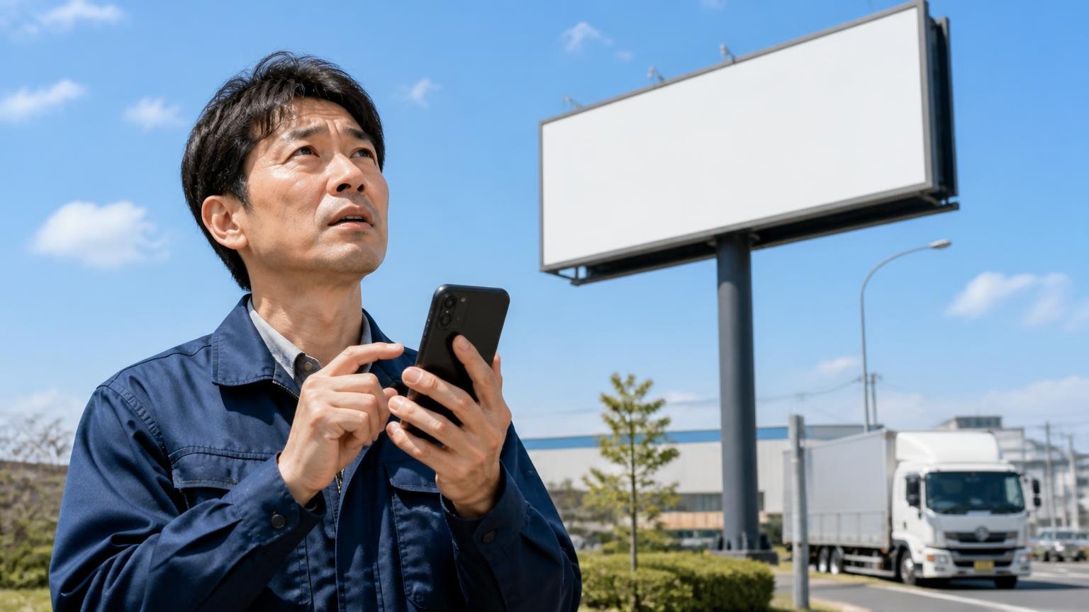 「金利も看板に書いてある通り」資金調達を相談した経営者の声 幹線道路沿いの大きな看板を見上げてスマホで電話をかけようとする40代の運送会社経営者