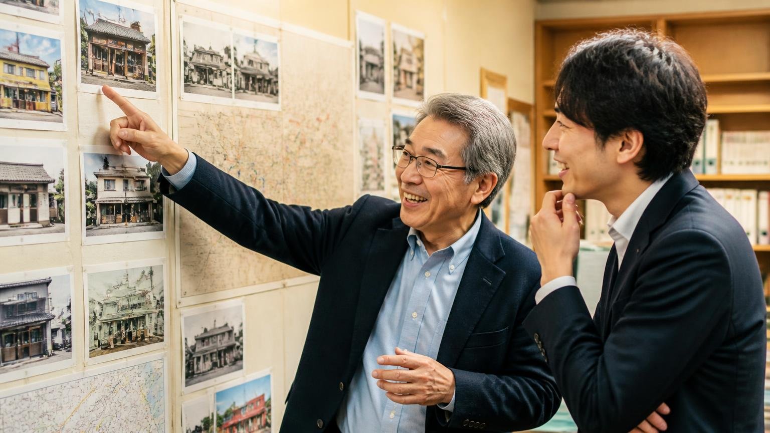 1994年の創業から拠点を広げてきた沿革、事務所の壁に貼られた古い店舗写真と地図を指さして語り合う年配男性と若手社員の2人