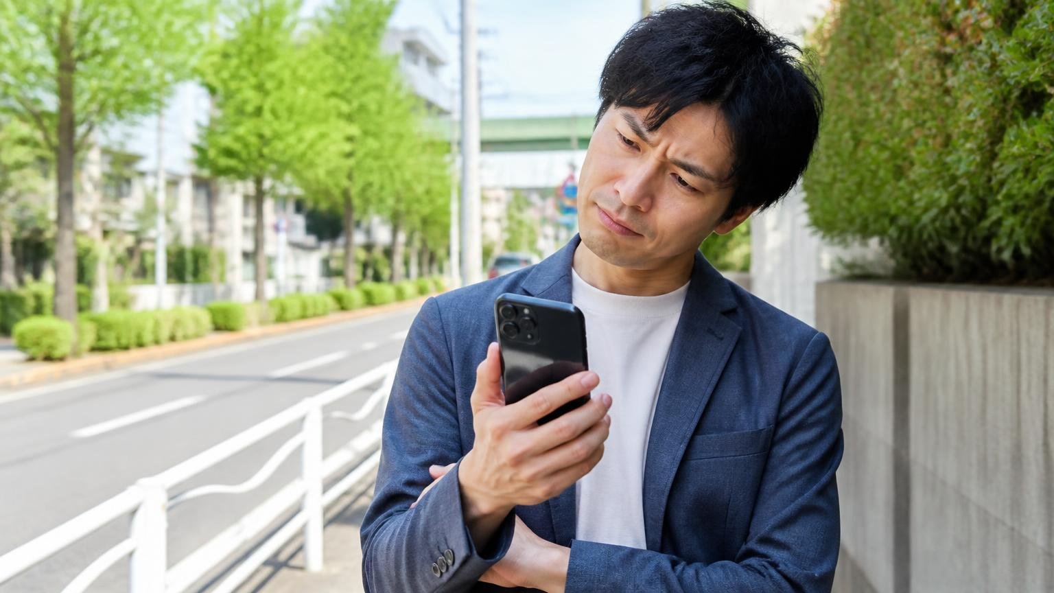 唯一の★1の中身を確認する場面 屋外の道路脇でスマホ画面を見ながら首をかしげる男性1人