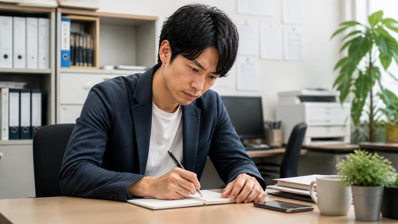 公式サイトに書かれていないこと。事務所の机でノートに質問を書き出す男性が真剣な表情を見せる