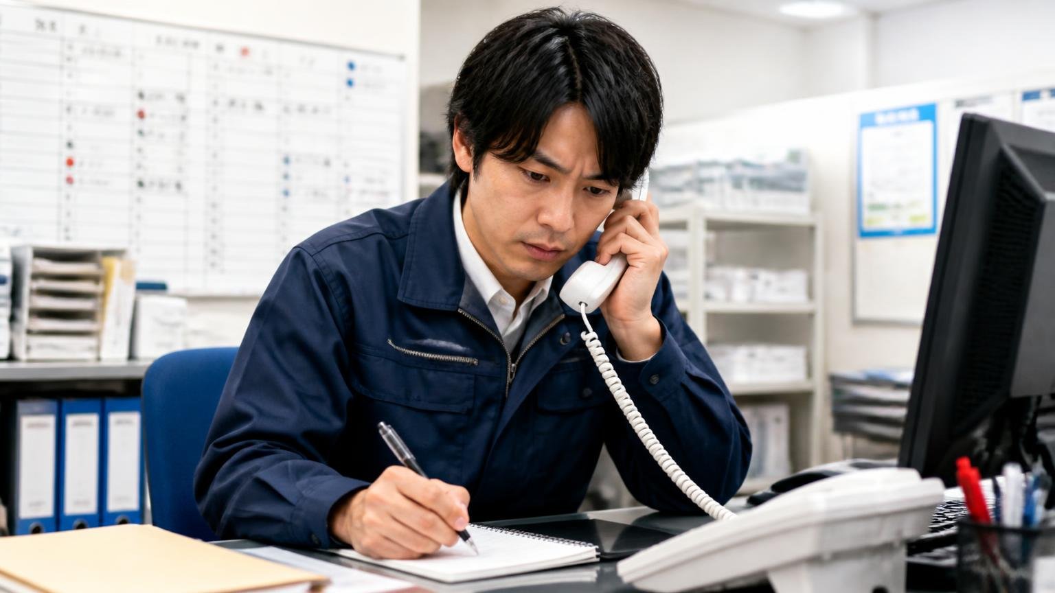 公式サイトに書いていないこと|査定料・出張費・エリア・減額条件 運送会社の事務所で受話器を持ちメモに質問項目を書く事務担当1人が真剣な表情