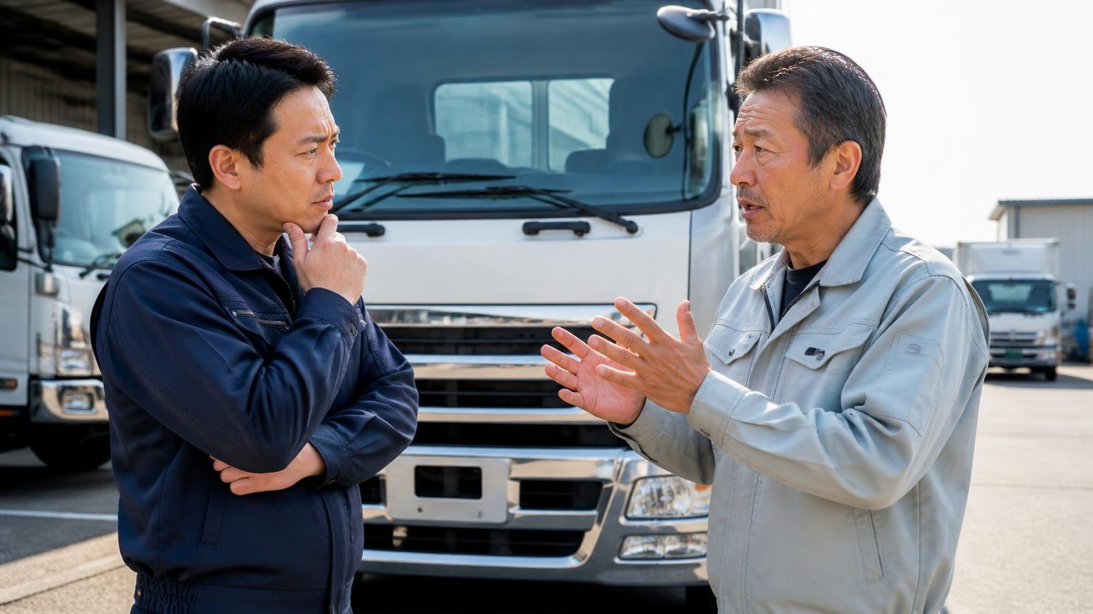 トラックを売った人の口コミが見つからない理由。早朝の車庫でトラックの前に立つ男性2人が話し込む