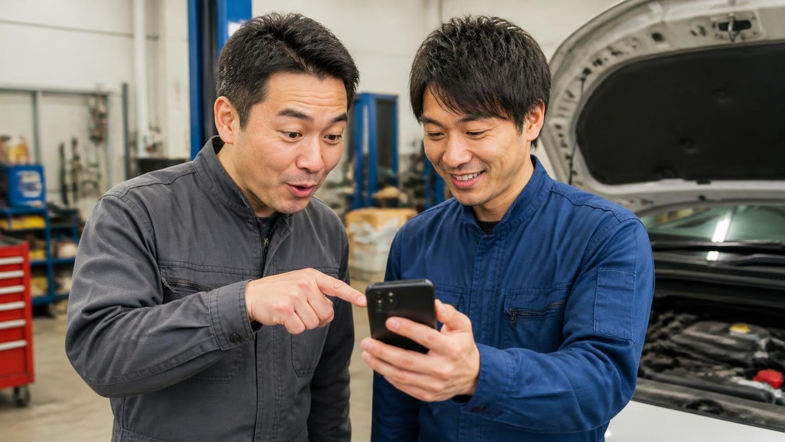 口コミがなくても信頼性を確かめる方法|車庫でスマホの検索画面を見せ合う作業着姿の男性2人が納得の表情
