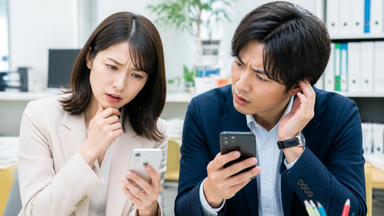 名前の似た2団体を混同していたと気づく場面。事務所でスマホ画面を見せ合う男女2人が首をかしげる
