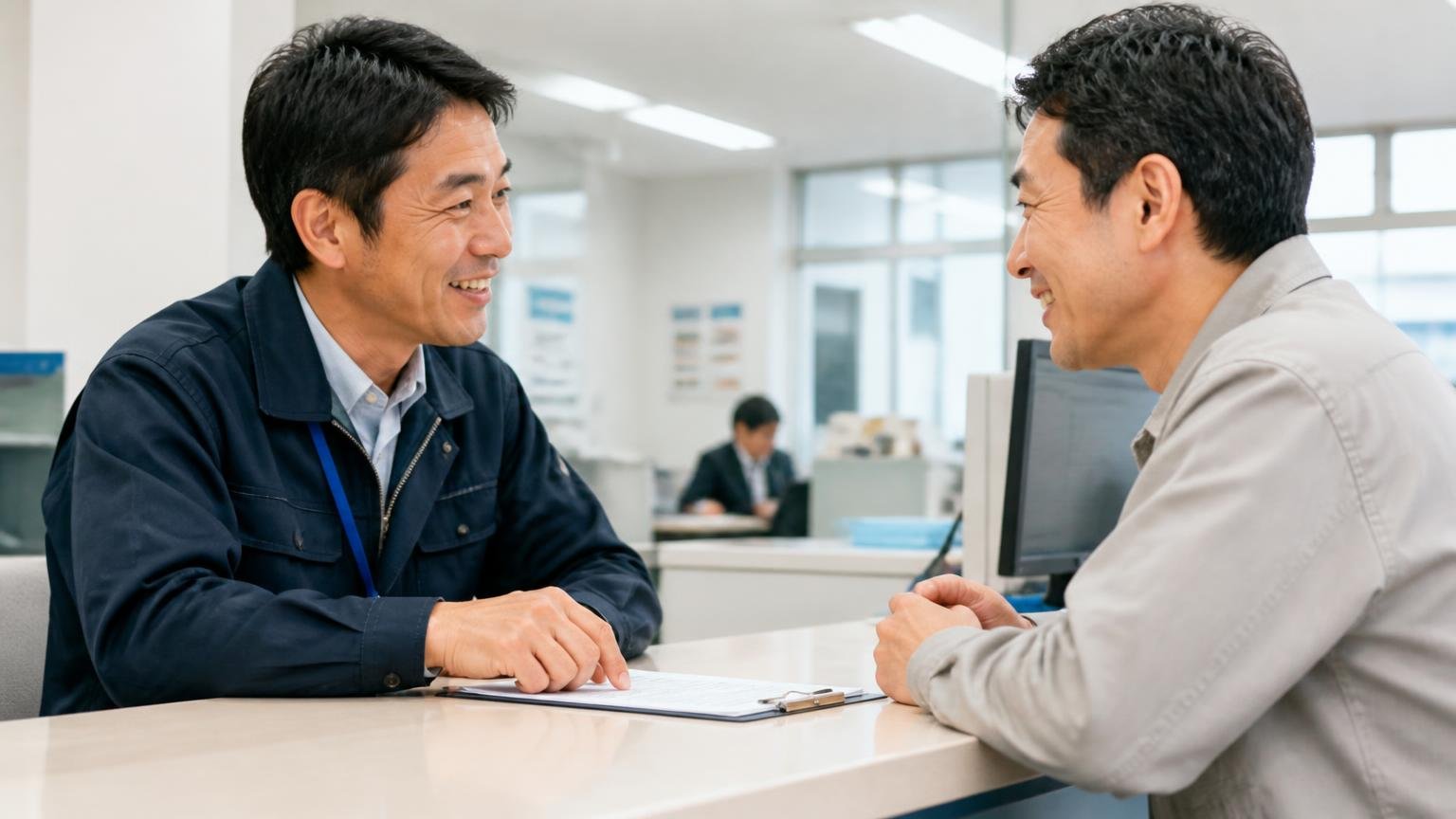 良い口コミの中身は全部対応の話だった、営業所のカウンターで書類を挟んで話す男性2人が穏やかに笑う場面