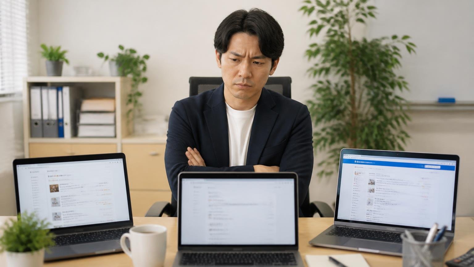 Googleマップ以外も全部探した結果 事務所のパソコンで複数の口コミサイトを開いても何も出てこず腕を組む男性1人