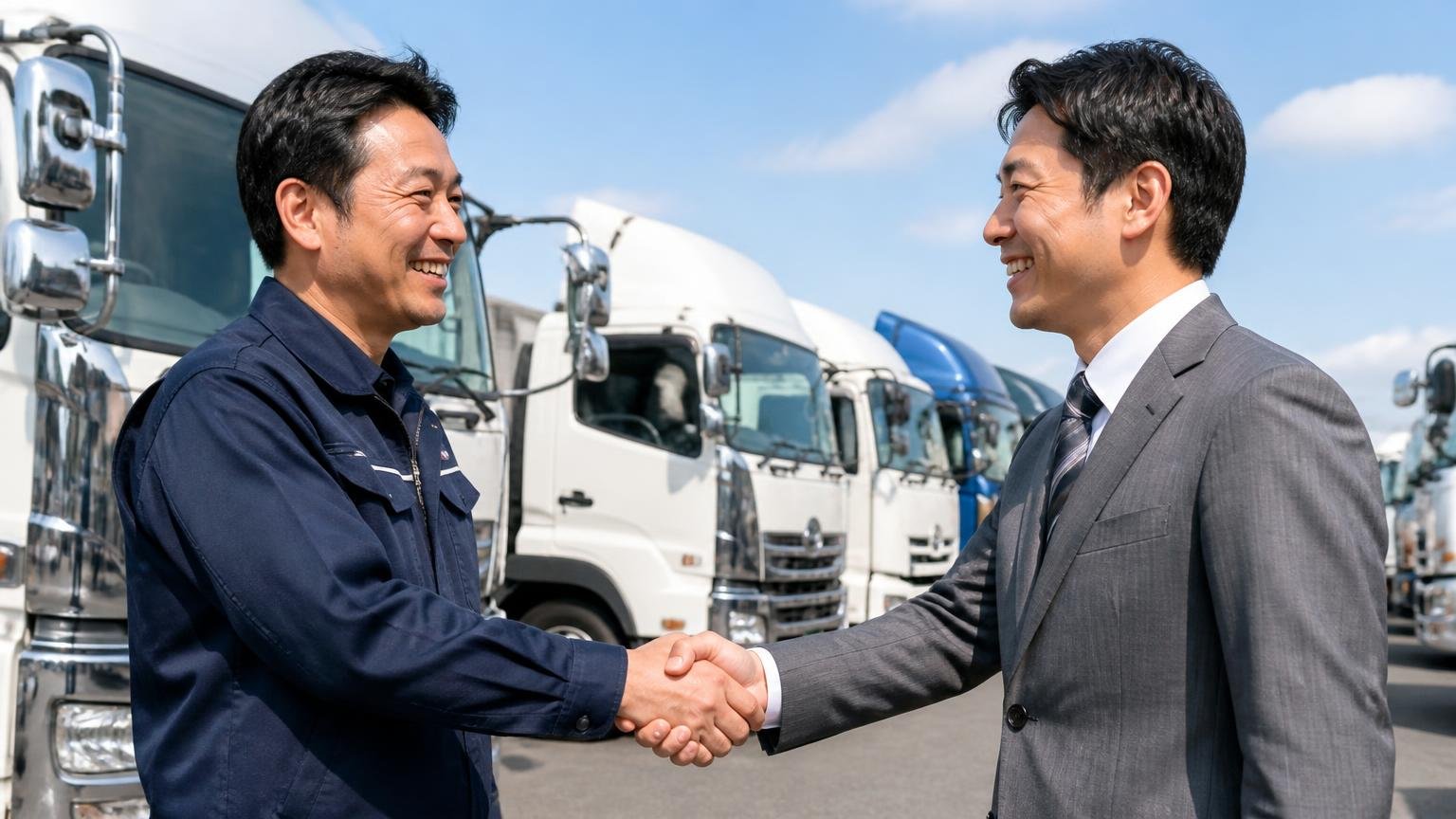 良い口コミ私達業者にも対応よくて良かったです。トラック展示場で握手を交わす男性2人が笑顔