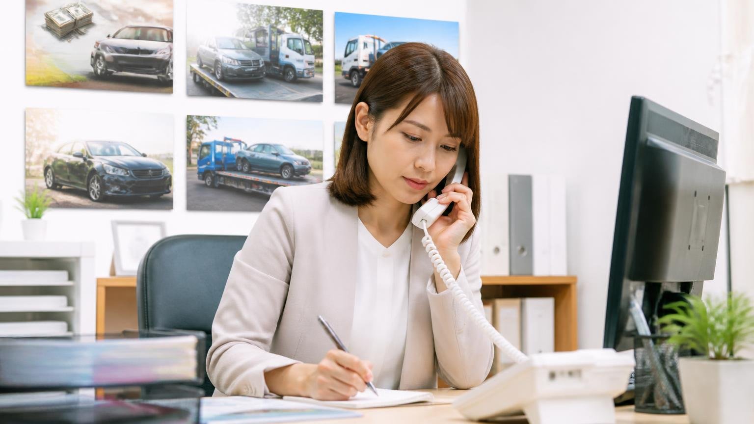 買取は「現金買取・出張査定・事故車OK」の表示あり、ただし条件の詳細は公開されていない、事務所で電話をかけながらメモを取る30代女性