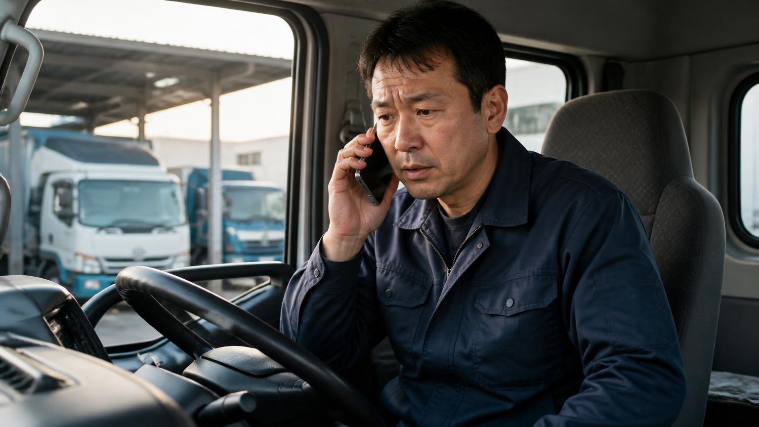 古物商許可番号はサイトに見当たらないので電話で直接聞く 早朝の車庫でトラックの運転席に座りスマホで業者に電話をかける男性ドライバー
