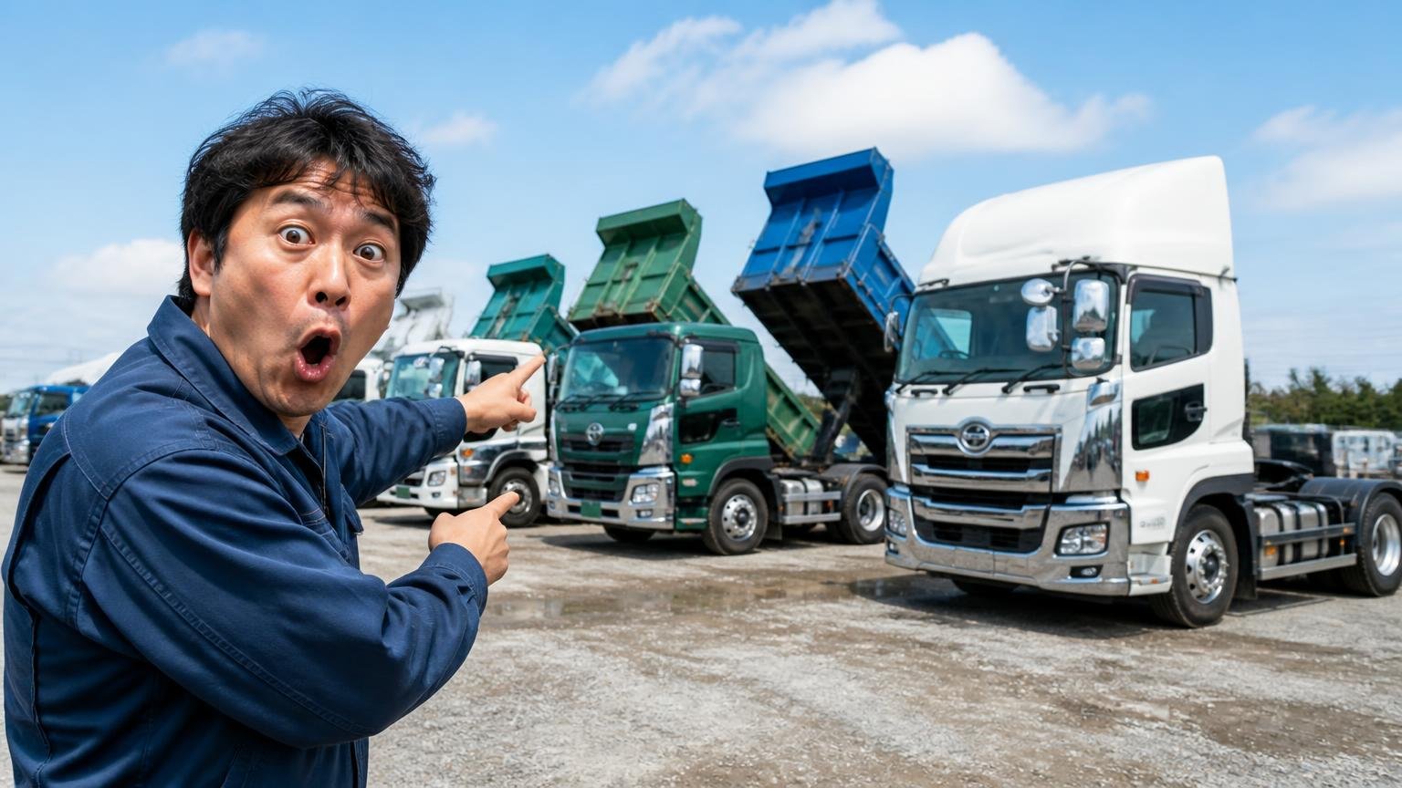 公式の買取実績26件から見える得意な車両とエリア(屋外の車両置き場に並ぶダンプとトラクタの前で、作業着の男性が目を丸くして指さす)