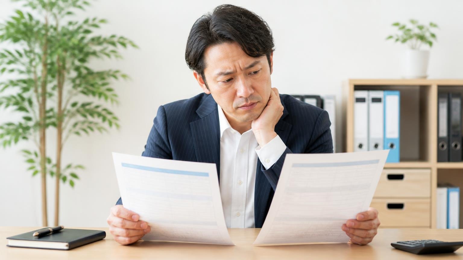 「必ず他店より高く買います」の宣伝文句はどう受け止める?、事務所で見積書2枚を並べて首をかしげる40代男性1人