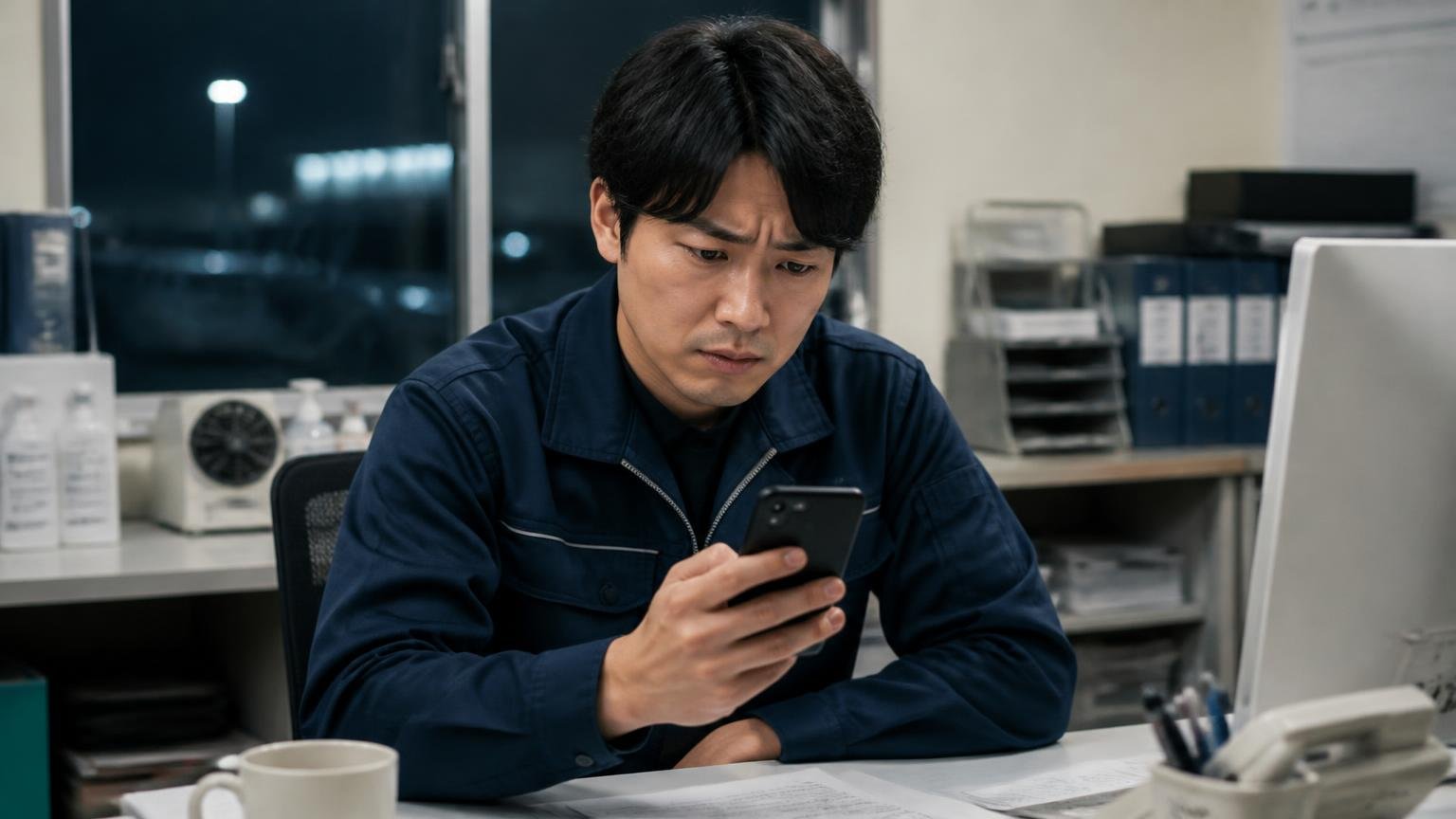 気になる点:★3が7件あるのに、理由は1件も書かれていない、夜の事務所でスマホを見る場面、若いドライバー1人、画面を見て眉をひそめる