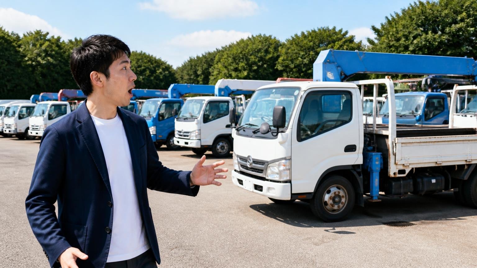 自社サイトに121台の在庫｜小型トラックを中心に架装の幅が広い、平ボディやクレーン付の小型トラックが並ぶ屋外展示場を歩く男性、驚いた表情