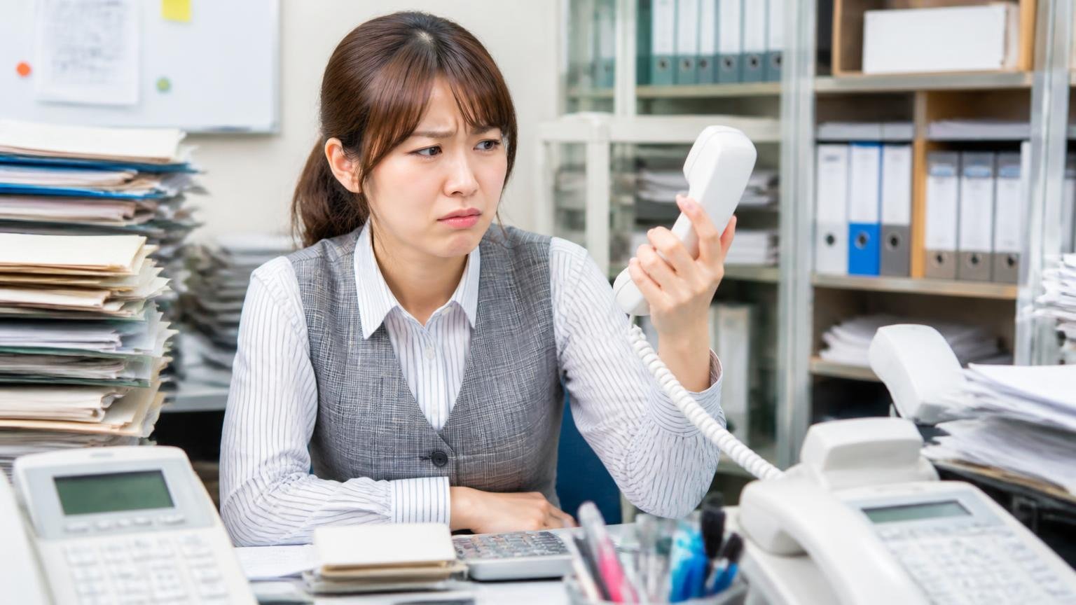 トラック買取でよく見る悪評は、業者名を変えても起きる「構造」の話｜運送会社の事務所で鳴り続ける電話を前に、事務員の女性1人がうんざりした顔で受話器を見る