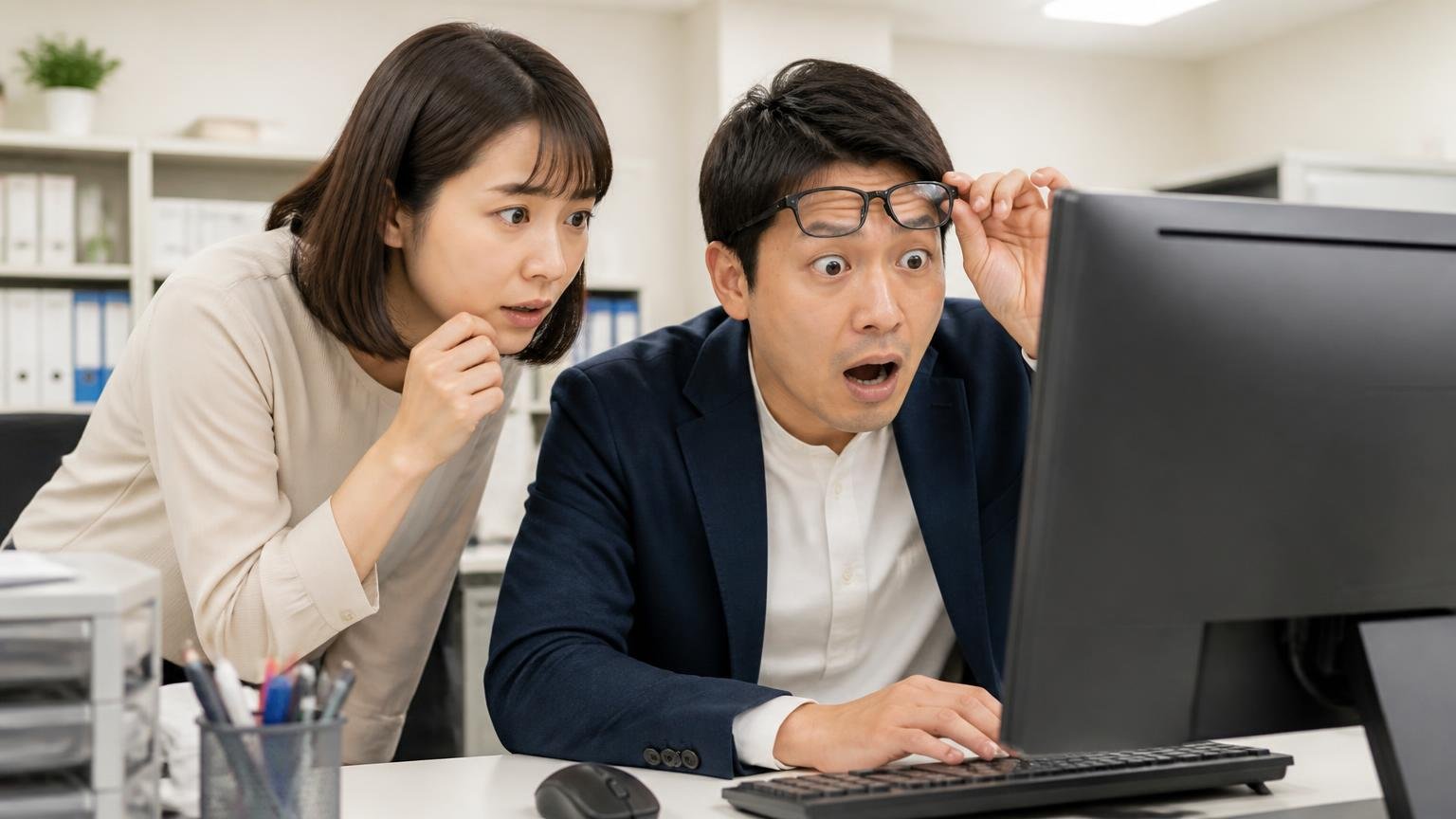 カーセンサーの口コミ投稿ルールを確認する場面 事務所のパソコン画面を2人で覗き込み片方が驚く
