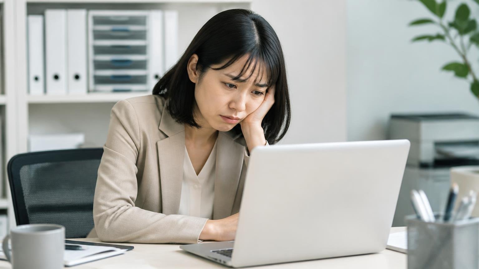 X・みん評・知恵袋を探しても口コミは1件も出てこなかった。事務所の机でパソコンを前に肩を落とす女性1人