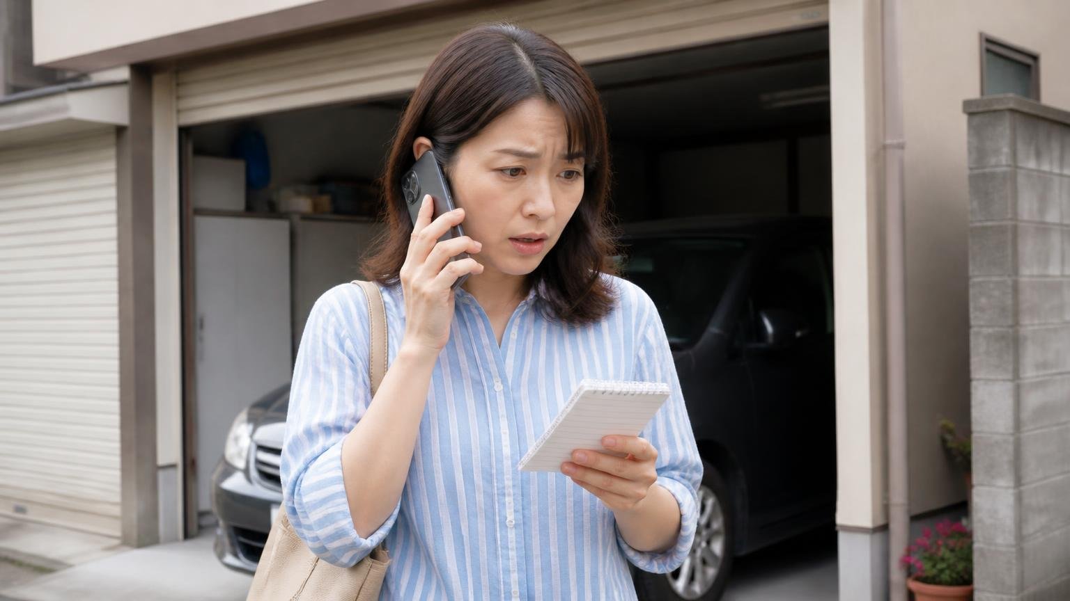 公式サイトに書かれていないことこそ電話で確認する。車庫の前で女性1人がメモを片手にスマホで電話をかけようとしている