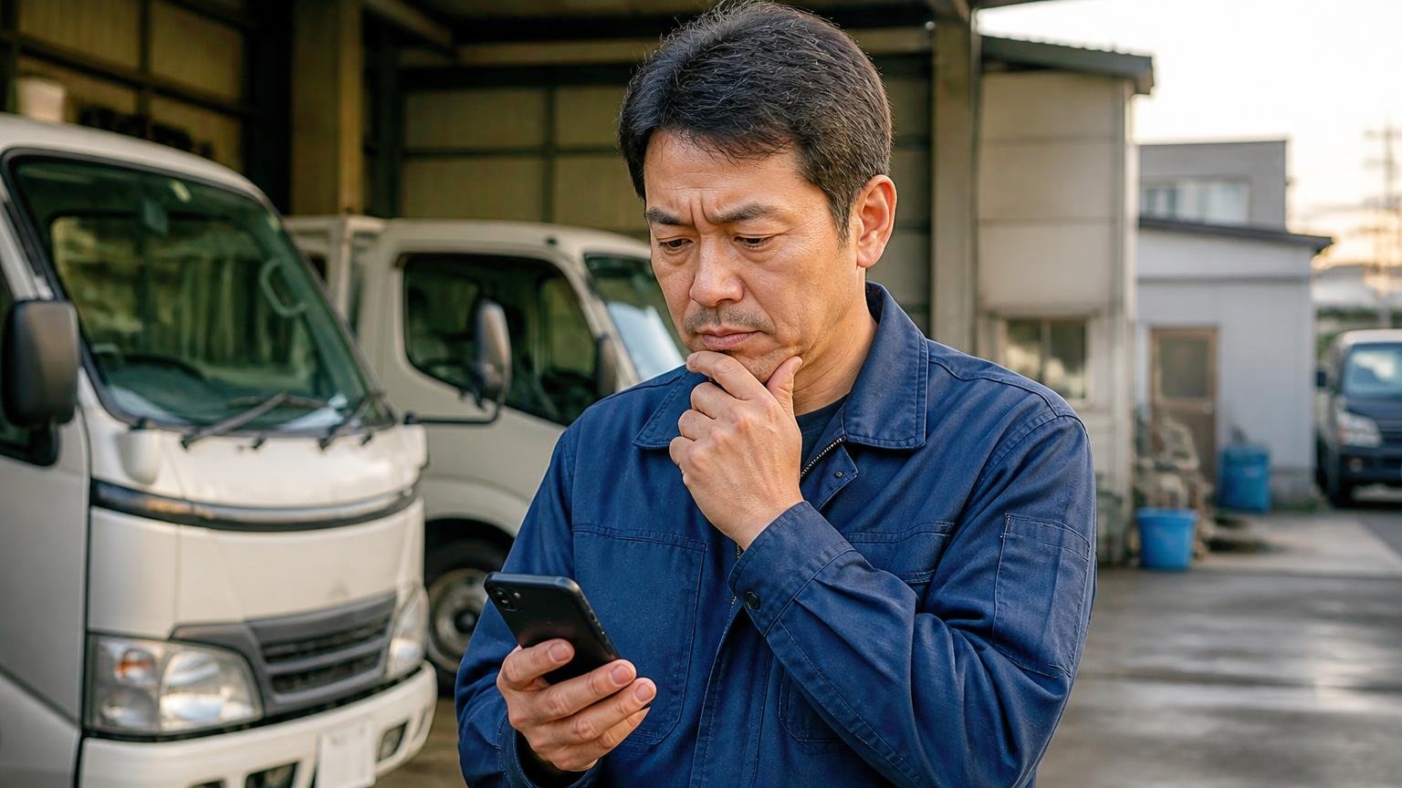 公式サイトに書かれていないこともある｜早朝の車庫でスマホを手に業者へ電話をかけようか迷う40代の男性