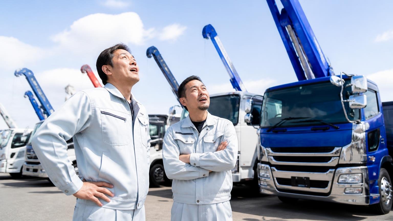 特装車で満足 展示場に並ぶセルフクレーン車の前でブームを見上げる建設業の作業着の男性2人 感心した表情