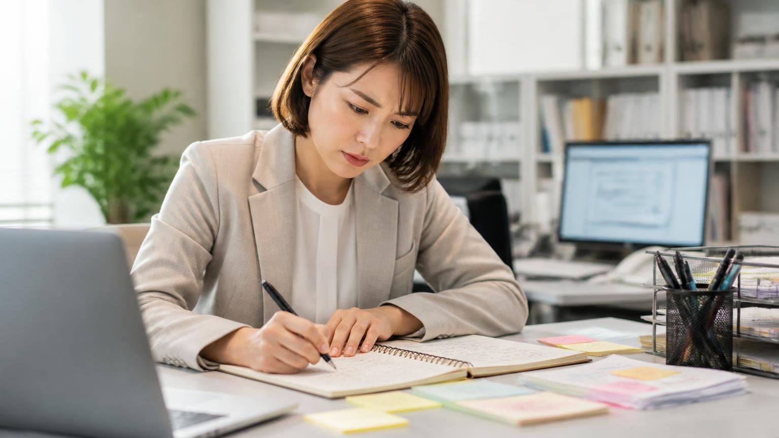 この4件から読み取れること・読み取れないこと。事務所の机でノートに書き出しながら整理する30代女性が真剣な表情の場面