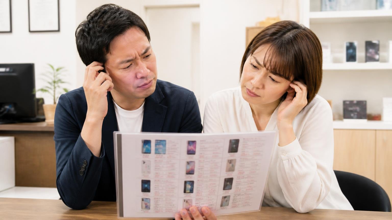 公式サイトの情報が2020年で止まっている点、事務所でスマホの買取実績ページを見せながら男女2人が首をかしげる場面
