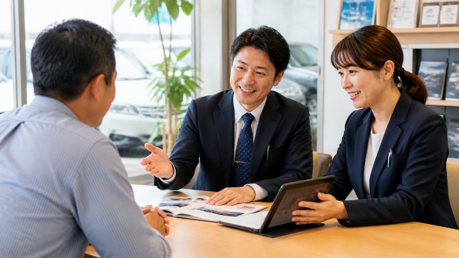 JU愛知に加盟し、中古自動車販売士が2名在籍している 販売店の商談スペースでスタッフ2人が客1人に笑顔で説明する