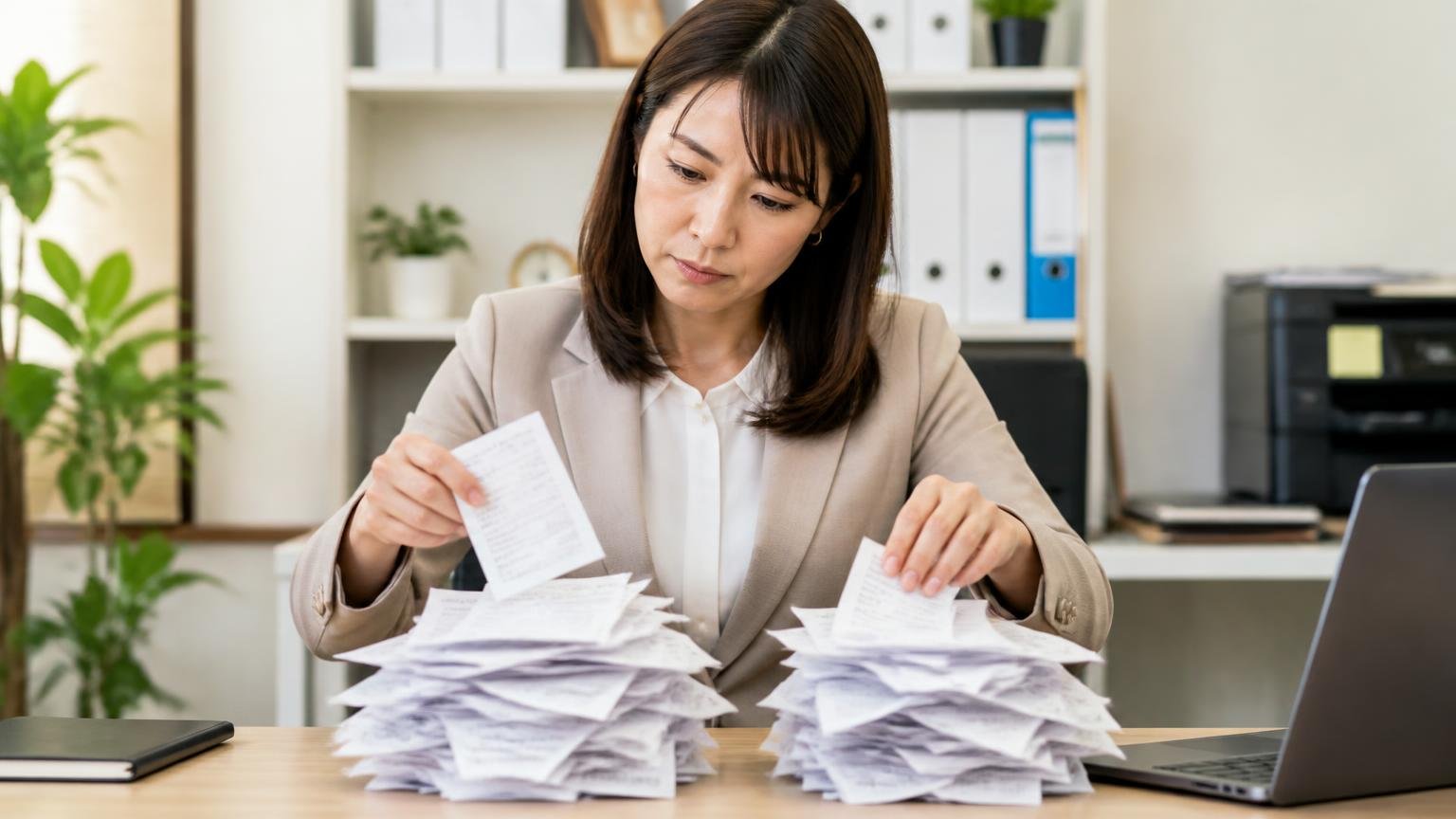 悪い口コミは「金額の話」と「対応の話」に分けて読む 事務所の机で口コミを2つの山に仕分けるメモを書く女性1人、真剣な表情