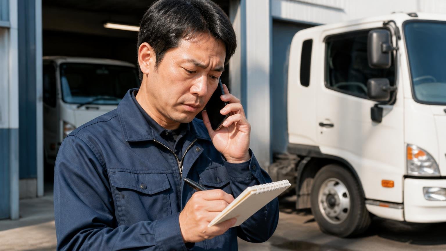 買取の条件は公式サイトに書かれていない 営業所の車庫前でスマホを耳に当ててメモを取る男性ドライバー1人、真剣な顔
