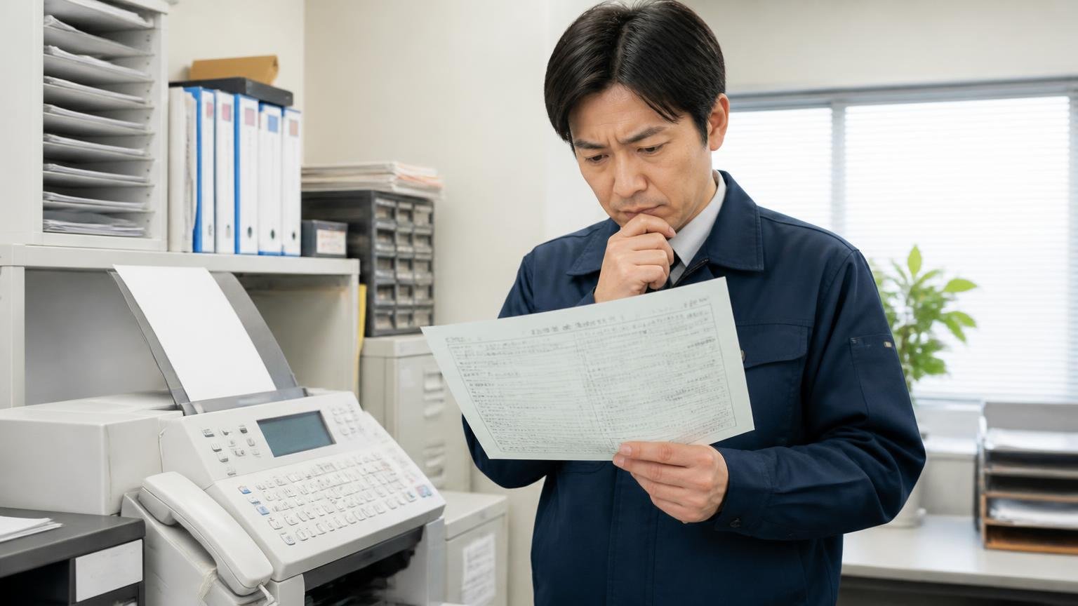 公式情報から見える買取の条件と、書かれていないこと。事務所でFAXの前に立つ男性1人が車検証を手に考え込む