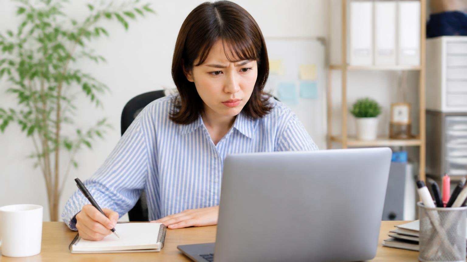 買取の受付状況|公式サイトに書かれていること・いないこと 事務所でパソコン画面を見ながら、女性1人がメモを取り眉を寄せている