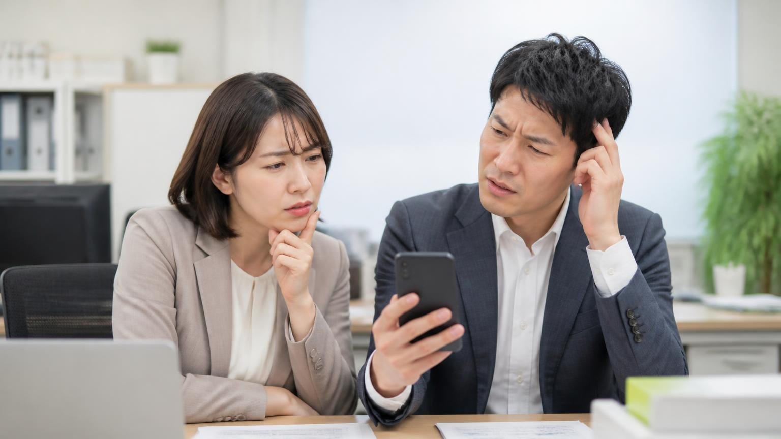 従業員の対応がいい接客が最高 用件が書かれていない 事務所 男女2人 短い口コミ画面に首をかしげる