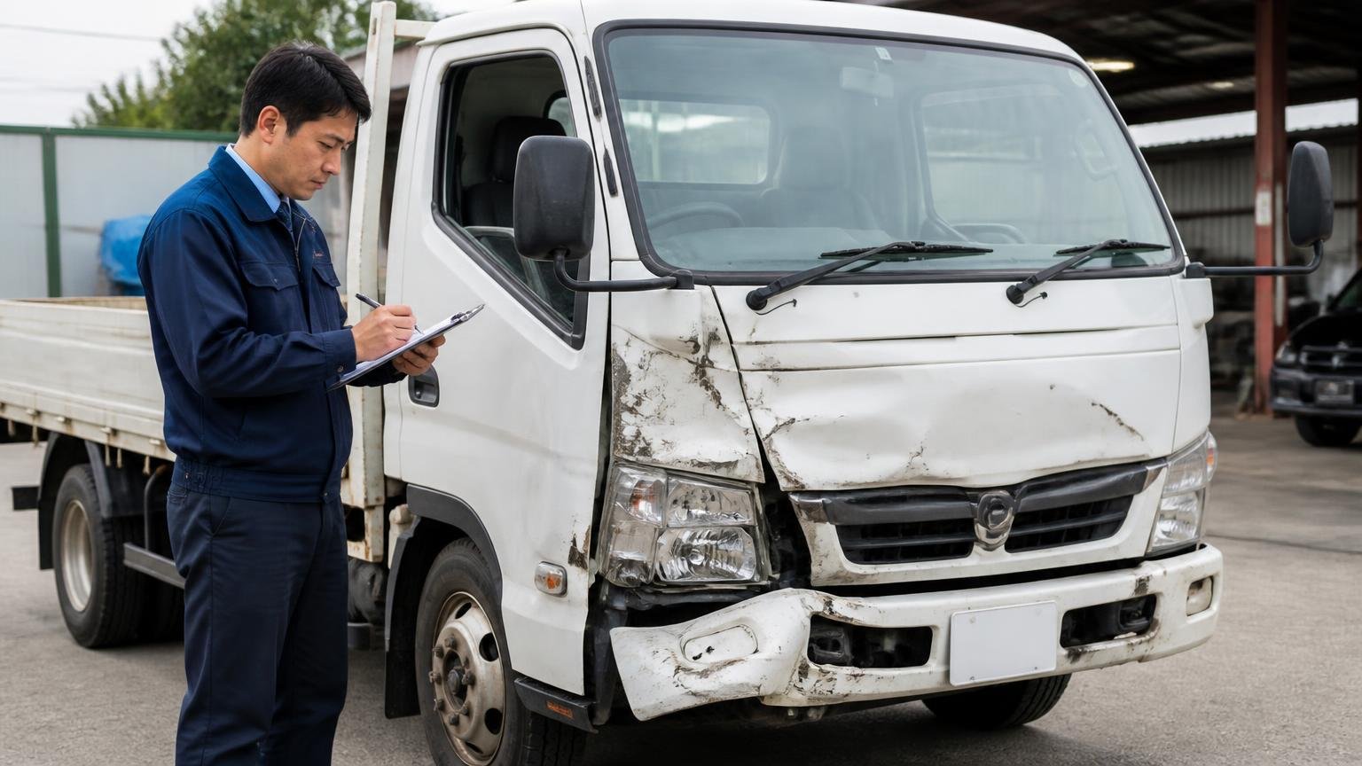 現金買取・出張査定・事故車OKの買取条件を確認、営業所の車庫で事故でへこんだ2t平ボディの前で査定士の男性1人がメモを取る