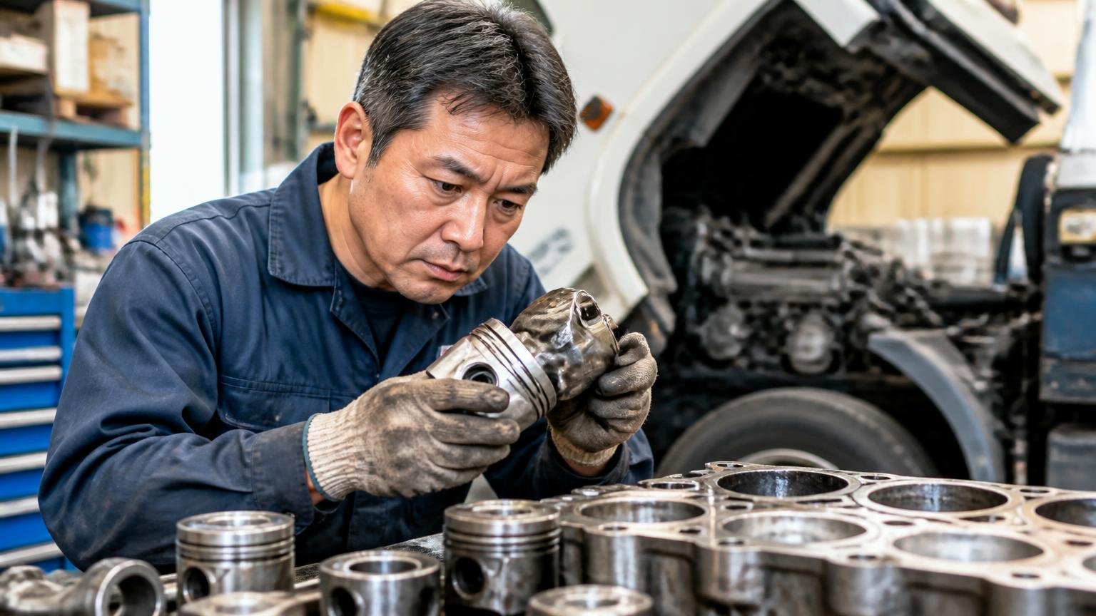 口コミ以外で分かる強み。業界紙が報じたオーバーホール技術。整備工場で分解したトラックのエンジン部品を点検する熟練の整備士1人、集中した表情