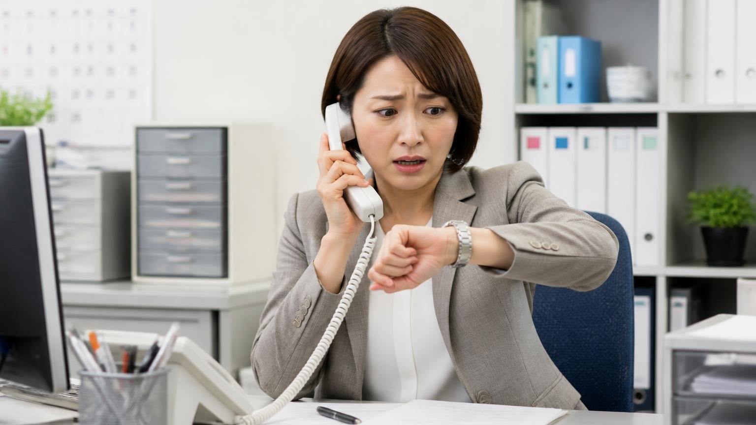 電話をかける前に｜営業時間は媒体でバラバラ、公式は9:00〜17:00。不審電話の注意喚起も 事務所で受話器を持ち時計を見る事務員1人が困惑