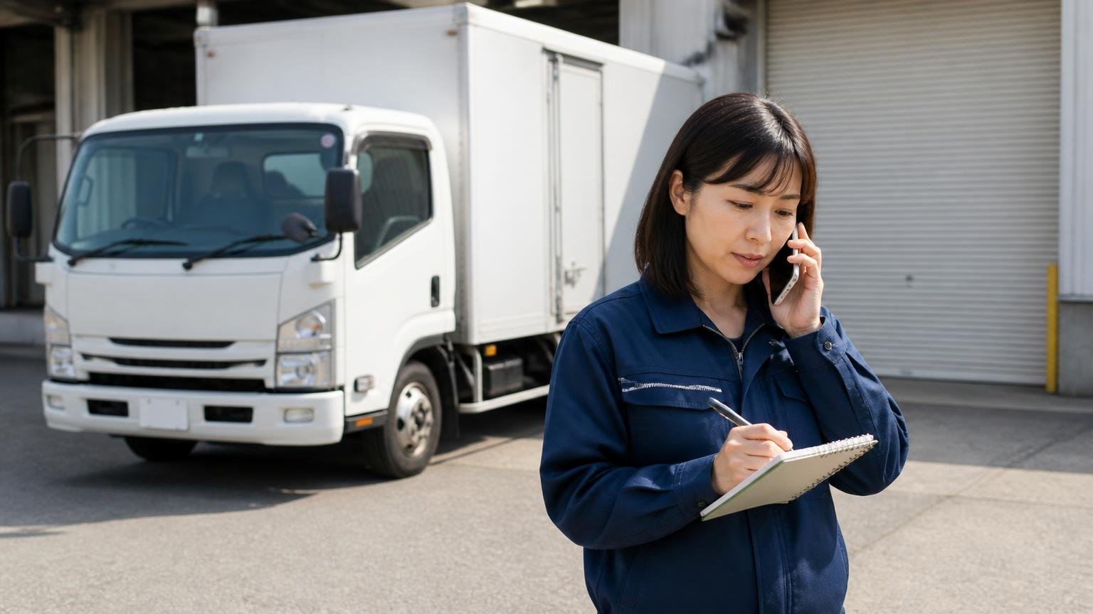 公式サイトに書かれていない4項目を電話で聞く|車庫の前で4tトラックを背にスマホで電話しメモを取る30代女性1人
