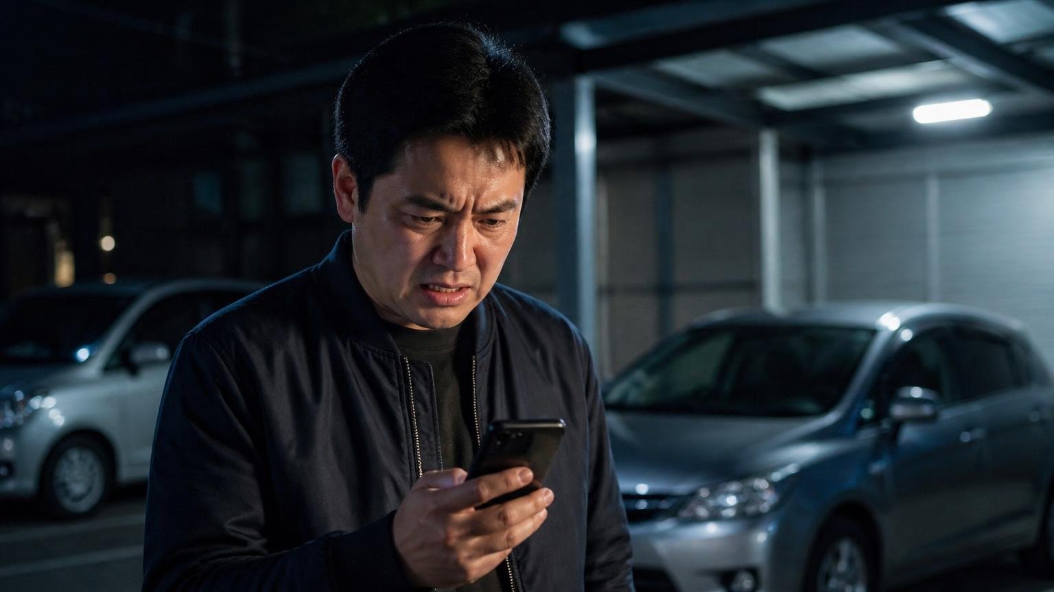 悪い口コミトラブルが絶えない業者ですをどう読むか。夜の車庫でスマホを握る男性1人が険しい表情