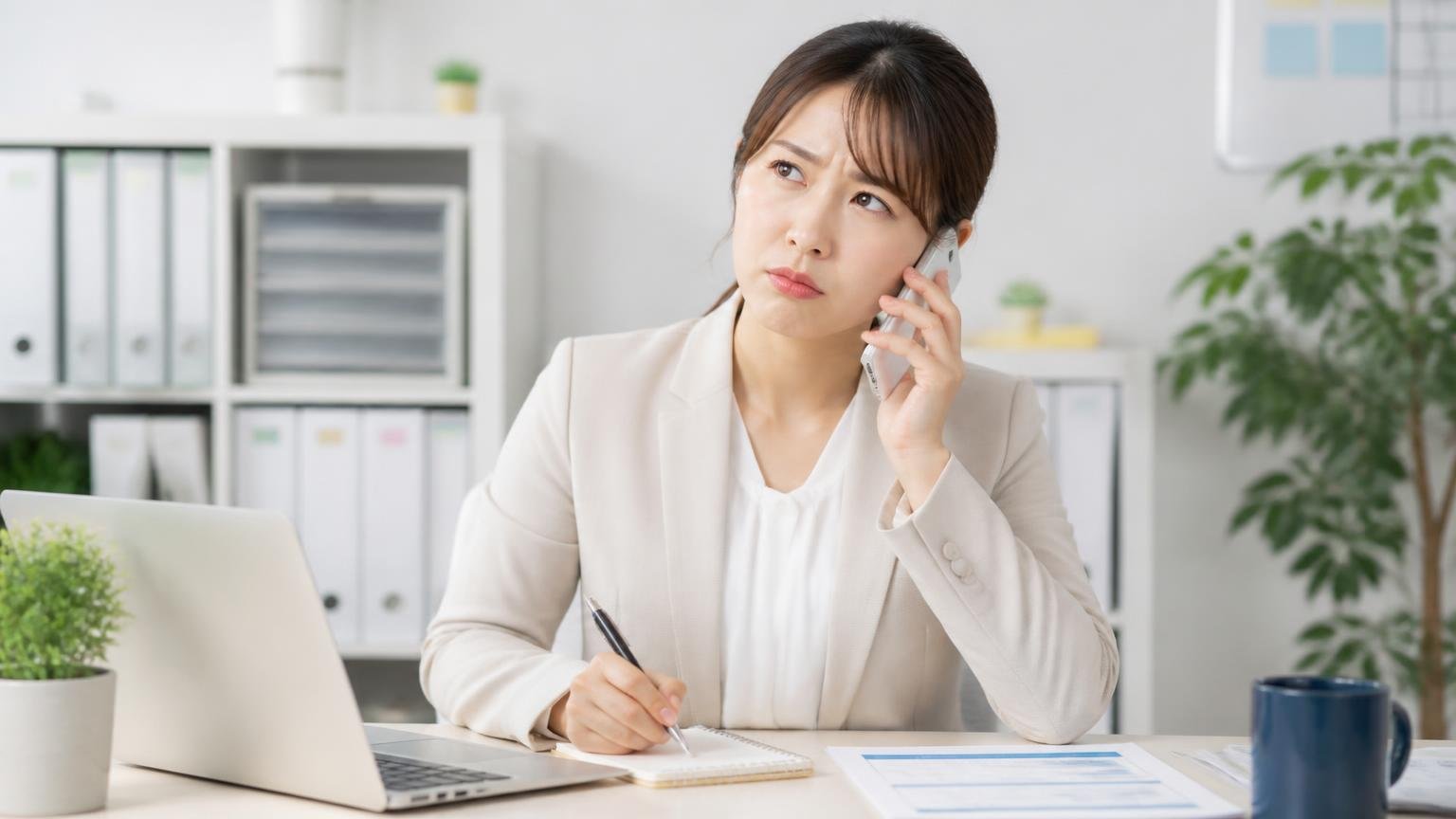 公式サイトに「買取の流れ・査定料」が見当たらない点は確認が必要 事務所でスマホを耳に当てメモを取りながら首をかしげる30代女性1人
