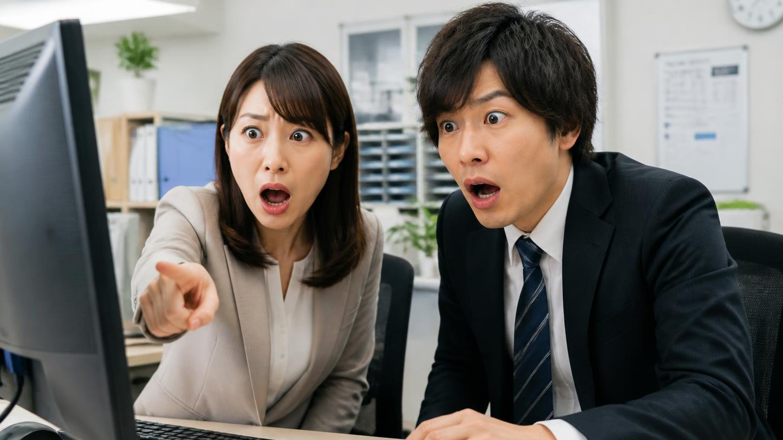 「根津自動車」と名のつく別の会社と取り違えないように、事務所でパソコンの検索結果を指さして慌てる30代女性と同僚男性