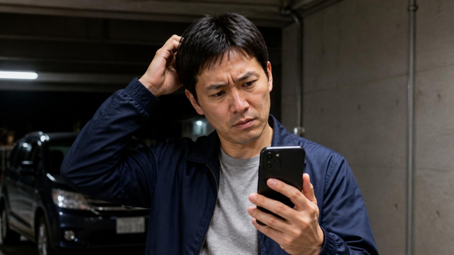悪い口コミは1件も見つからなかった。夜の車庫でスマホの口コミ画面をスクロールし首をかしげる男性