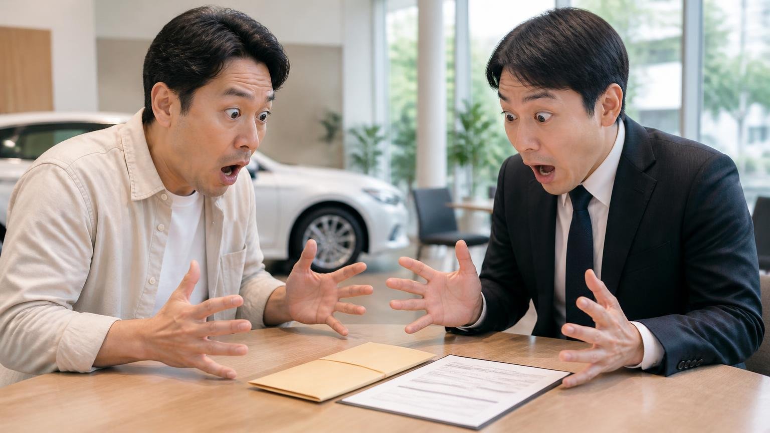 買取に触れた唯一の声 展示場の商談席で現金の封筒と買取書類を前にする男性2人 思わず目を見開く