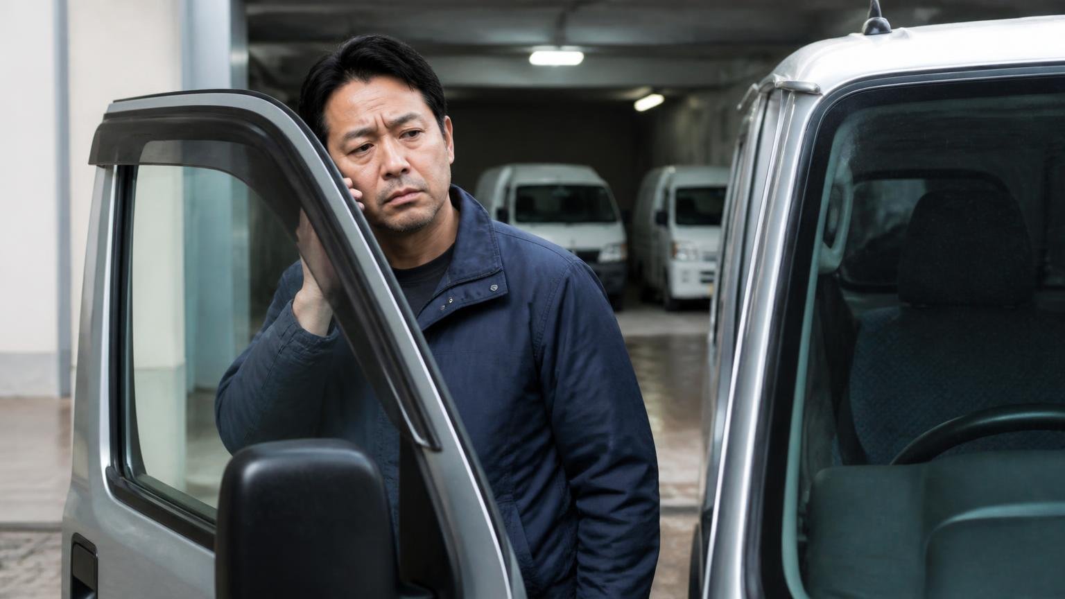 悪い口コミは★1が1件でその読み方、早朝の車庫で運転席のドアを開けた男性1人が電話を耳に当て渋い表情