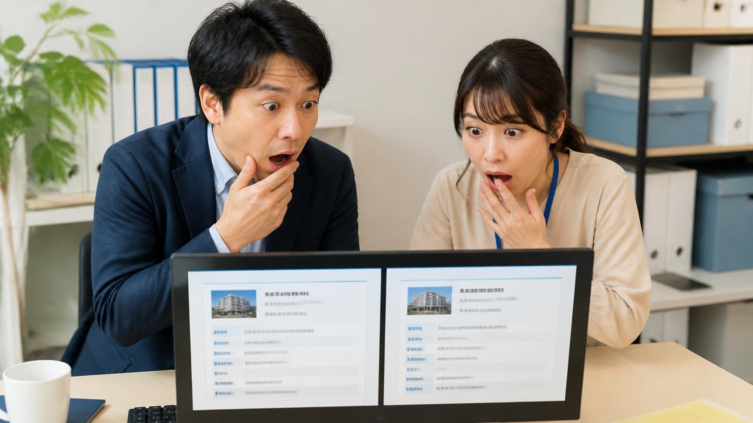 その口コミは別の越村商店かもしれない 事務所で2つの会社情報を並べた画面を見比べて驚いた表情の男性1人と女性1人