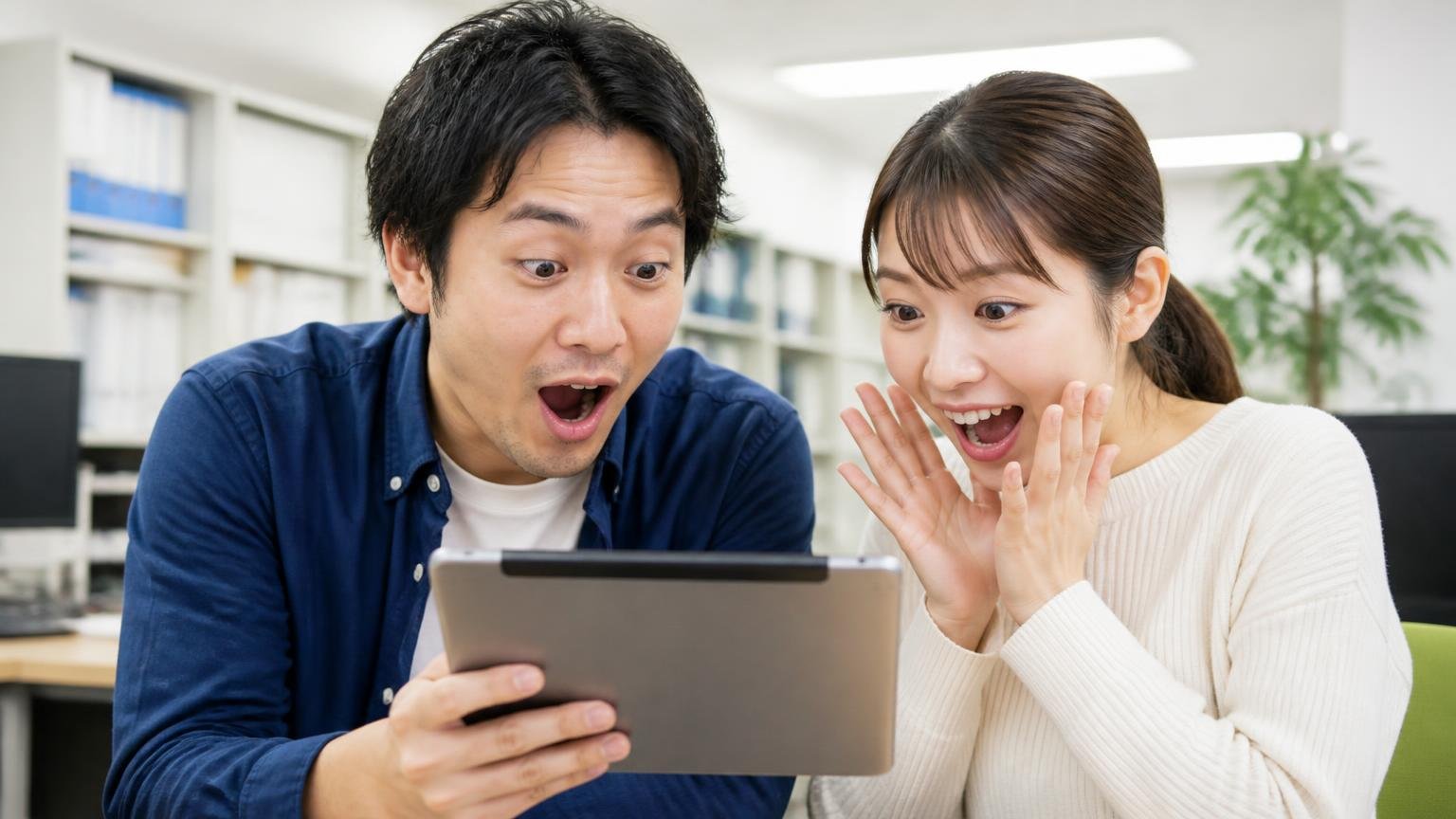 第三者媒体でのランキング5位 事務所でランキング記事を開いたタブレットを覗き込む男性1人と女性1人