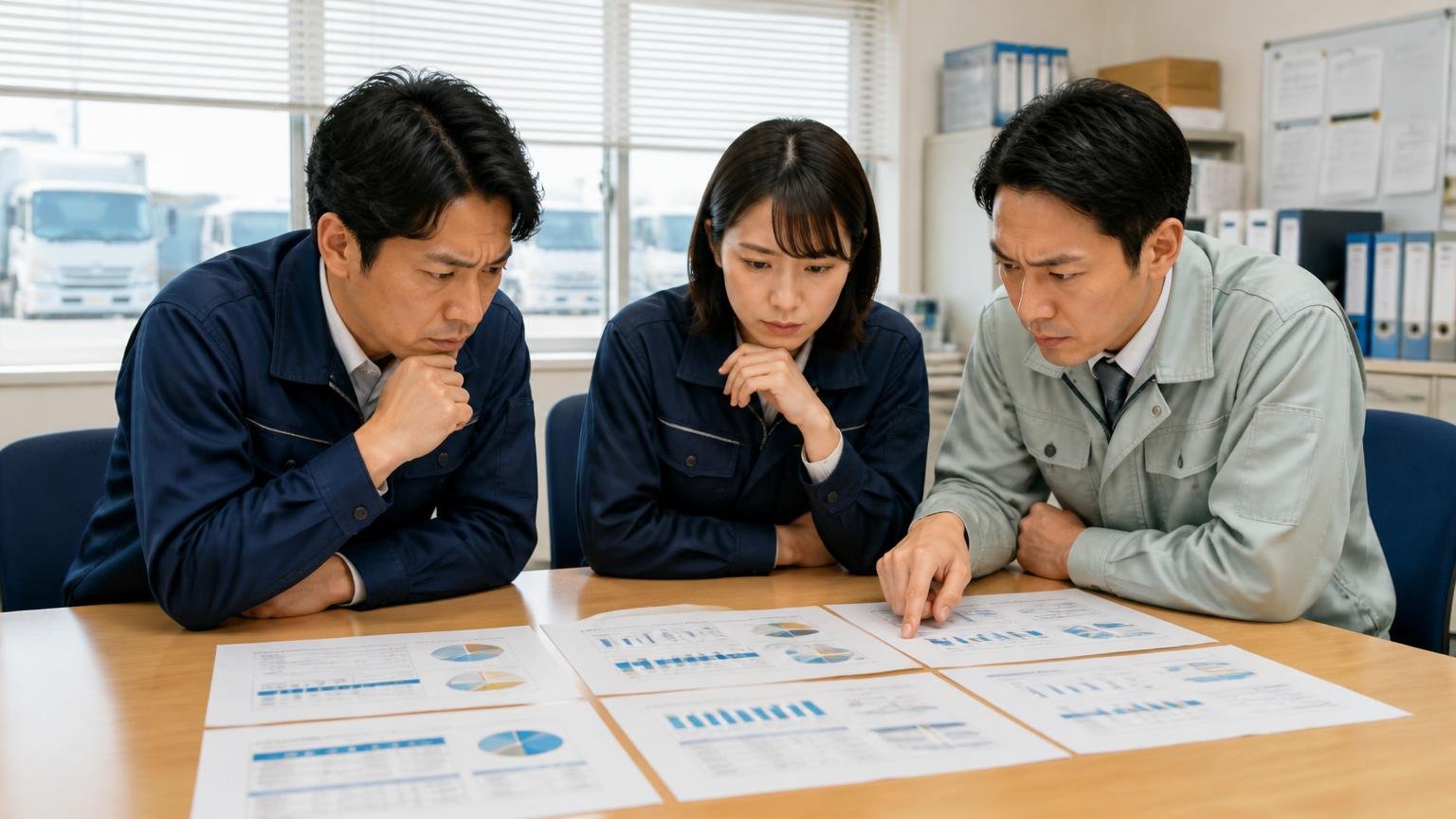 地場5社を比べて分かった「共通点」と「違い」 運送会社の事務所で5社の資料を机に並べて見比べる男女3人が真剣な表情