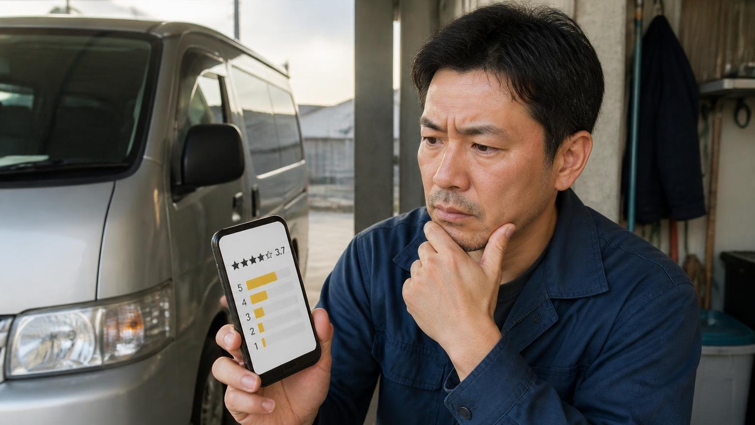 Google口コミ★3.7の星別内訳を早朝の車庫でスマホの評価グラフを見ながら確認する男性ドライバー1人の場面