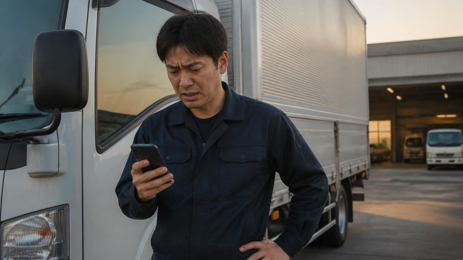 連絡が来ない 夕方の車庫で4tトラックの運転席横に立ちスマホの着信履歴を見る男性1人 苛立った表情
