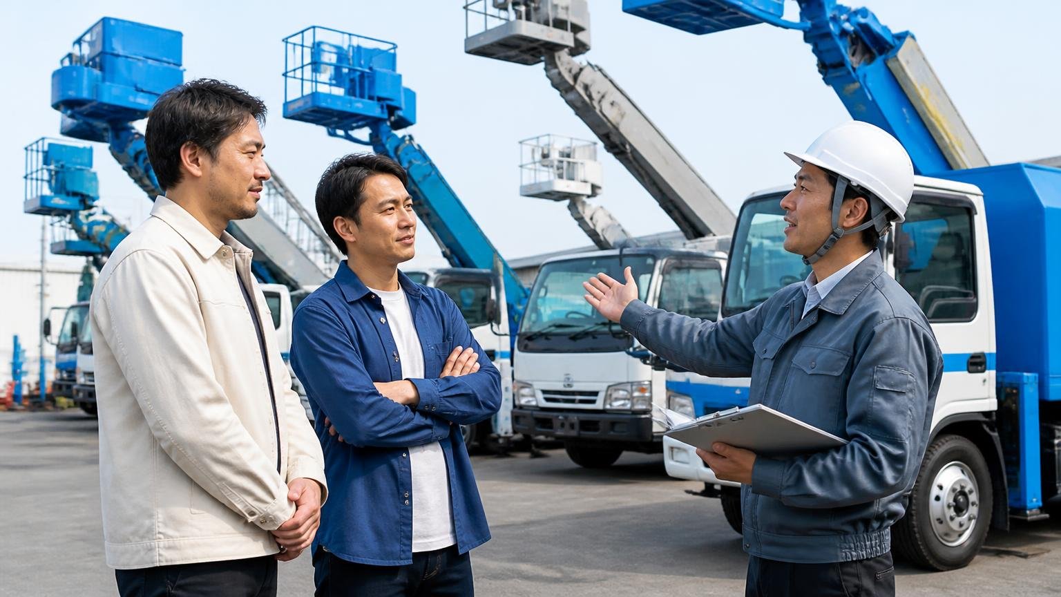 良い所も悪い所も説明してくれたという声 展示場に並ぶ高所作業車の前で説明を受ける男性2人がうなずく