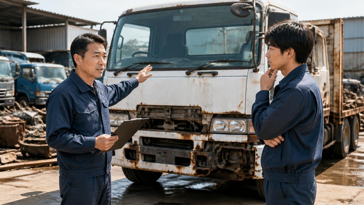 解体・引取・フロン類の許可を自社で持っている意味 解体工場のヤードで古いトラックを前に説明する作業着の男性2人