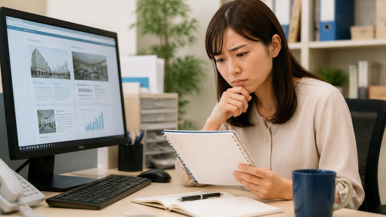 会社の基本情報が公開されているか。事務所の机で女性が会社案内の画面と手元のメモを見比べる