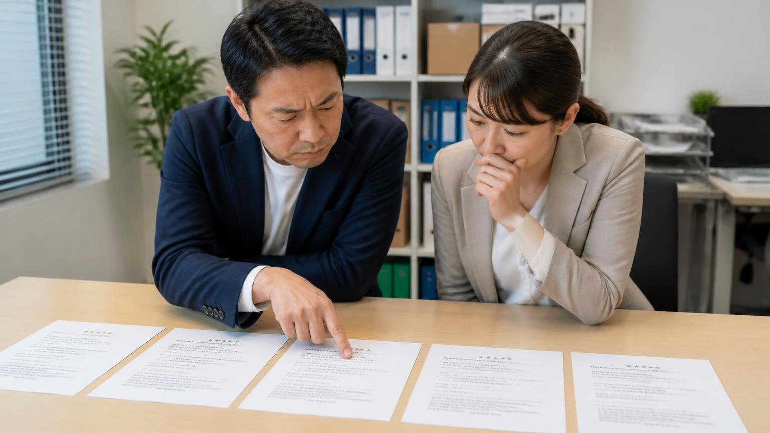 投稿された5件の口コミを全部そのまま読んでみる／事務所でプリントした口コミ一覧を並べて読む2人／真剣な表情で指を差す
